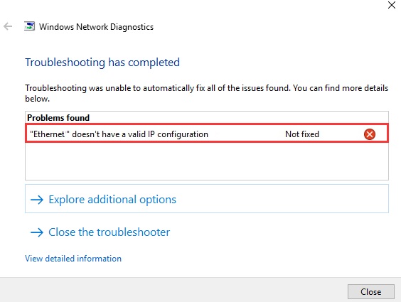 Ethernet Doesn't Have a Valid IP Configuration Error in Windows 10