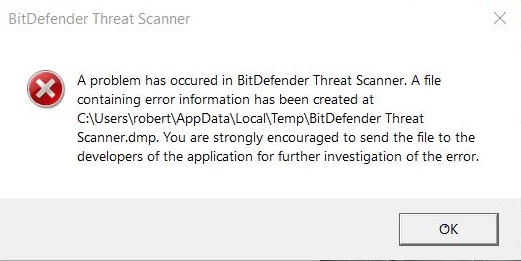 A problem has occurred in BitDefender threat scanner